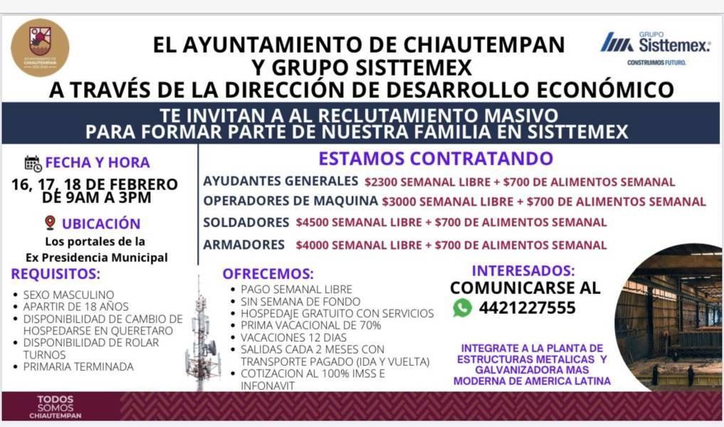 Invita Chiautempan a campaña de reclutamiento con Grupo Sisttemex este 16, 17 y 18 febrero