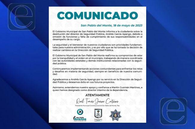 Dan de baja a Andrés García como director de seguridad de San Pablo del Monte 