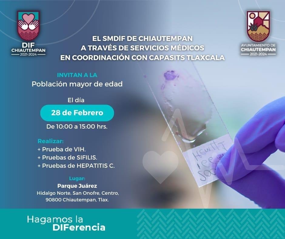 Realizará SMDIF Chiautempan pruebas gratuitas de VIH, Sífilis, Hepatitis C