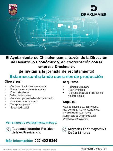 Invita Ayuntamiento de Chiautempan a reclutamiento de la empresa Draxlmaier