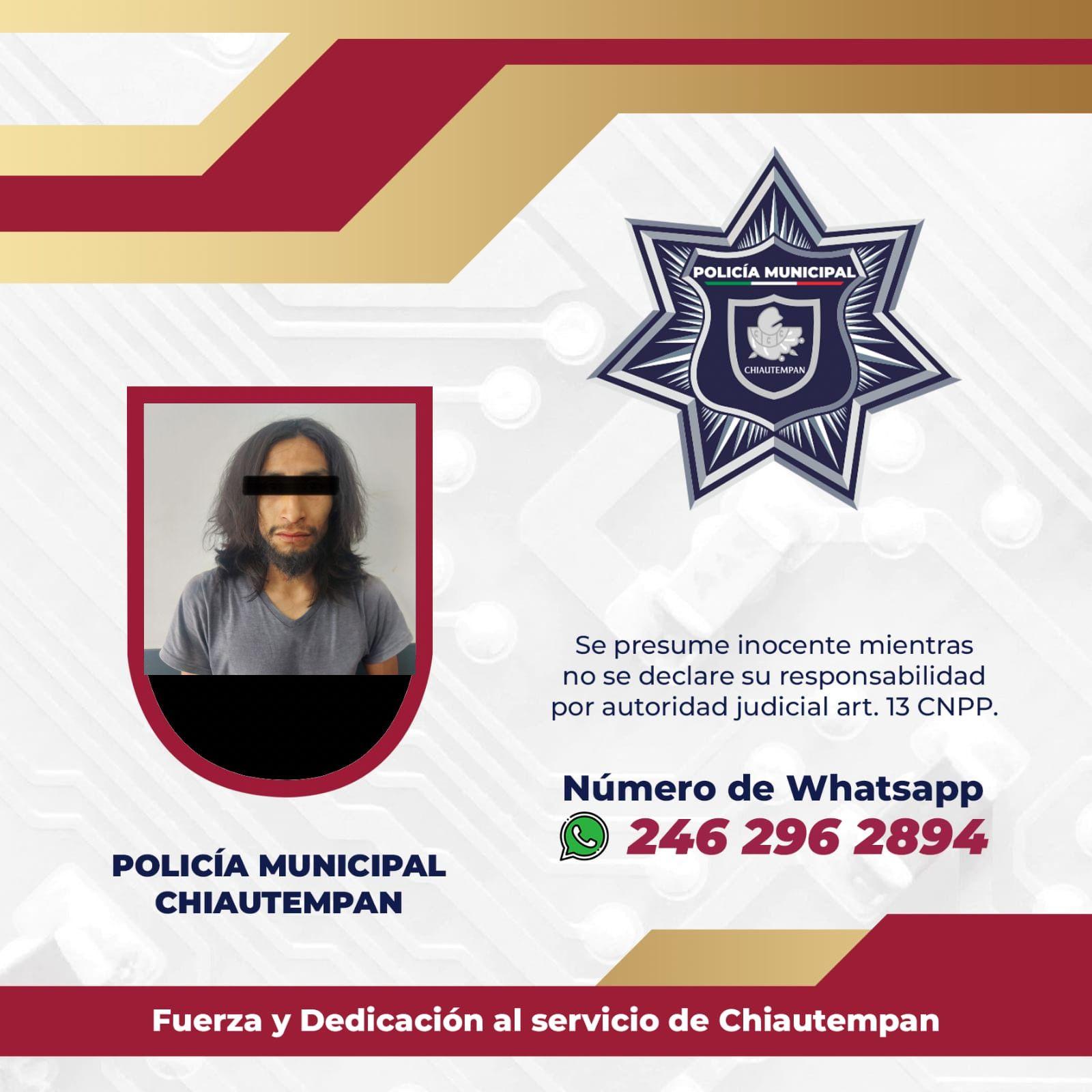 Detiene Policía de Chiautempan a hombre por intento de robo y alteración del orden público