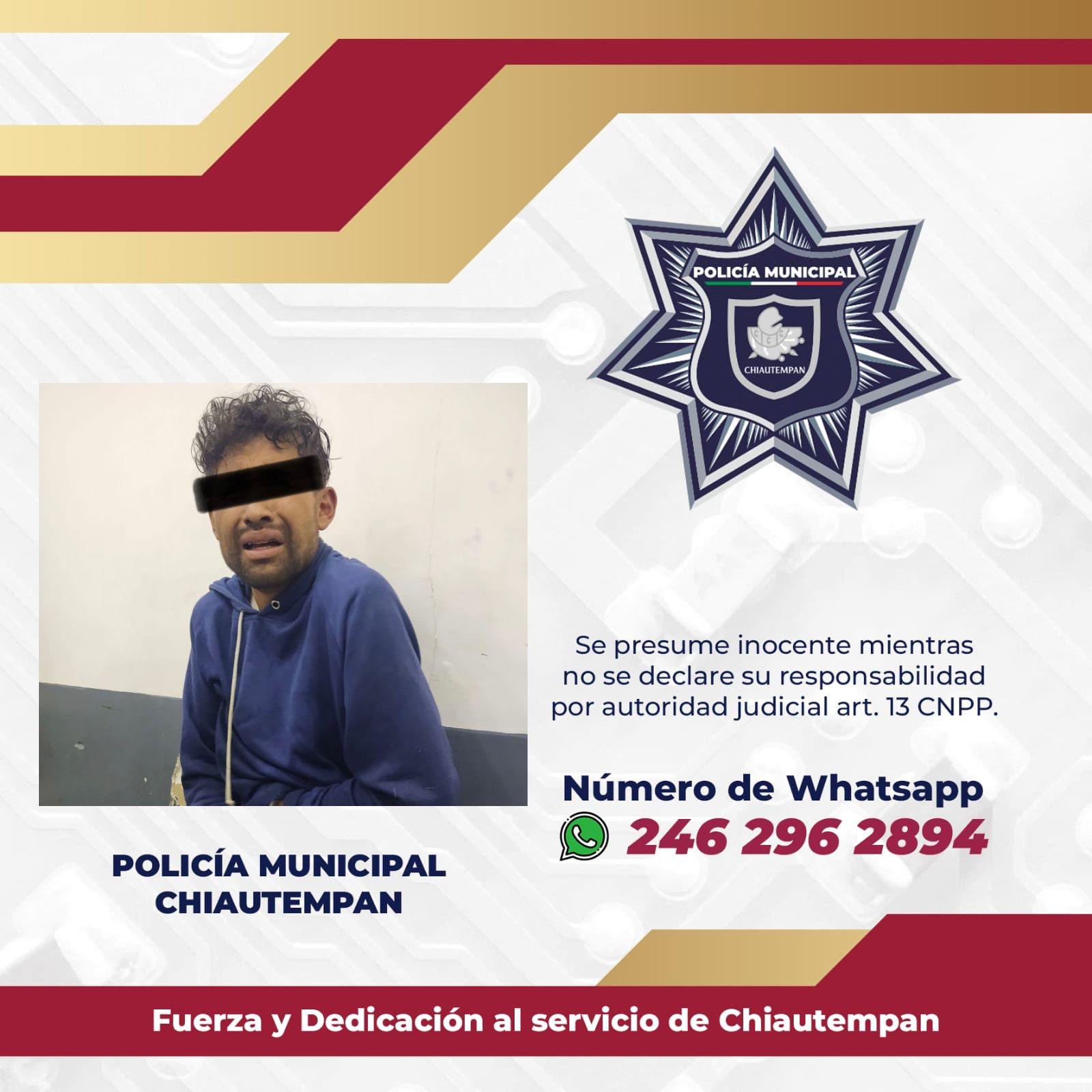 Detiene Policía de Chiautempan a masculino por violencia de género
