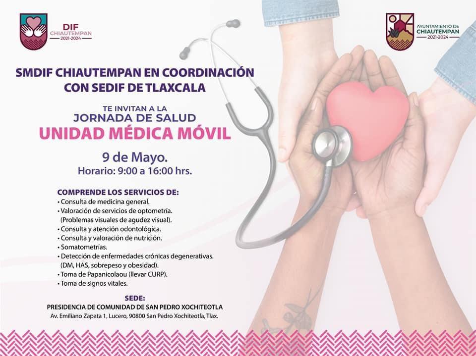 Llegará la Unidad Médica Móvil del SEDIF Tlaxcala a San Pedro Xochiteotla, Chiautempan