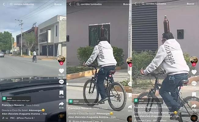 Captan a un borracho con talento al pasearse en bicicleta con una cerveza en la cabeza