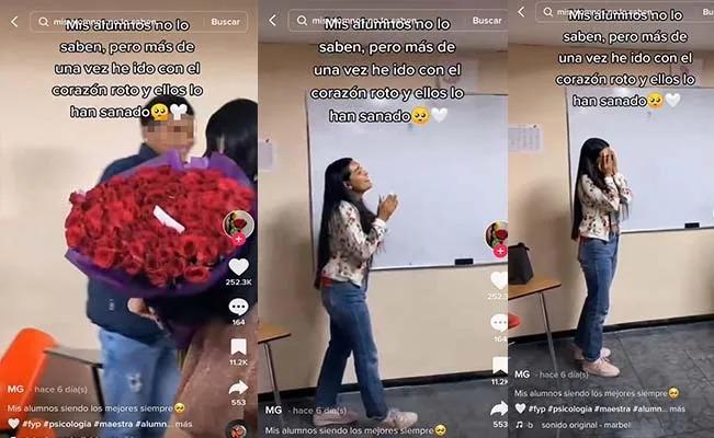 Con el corazón roto, una profesora es sorprendida por sus alumnos con un ramo