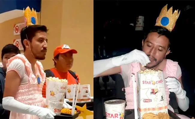 Captan a un hombre disfrazado de la "Princesa Peach" durante el estreno de Mario Bros