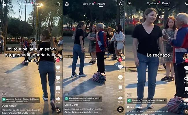 Una joven es rechazada por un abuelito tras invitarlo a bailar en una plaza