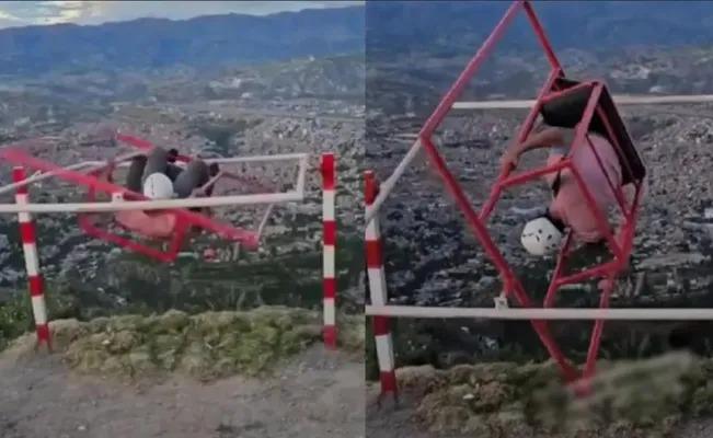 Un joven cae desde un barranco por subirse a un juego extremo 