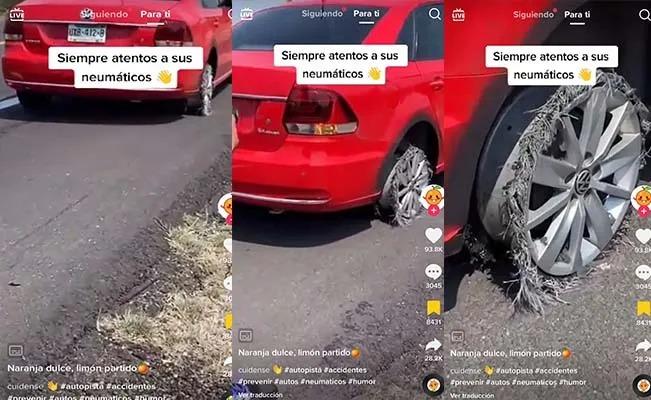 A gran velocidad captan a un auto viajar sin un neumático en plena carretera