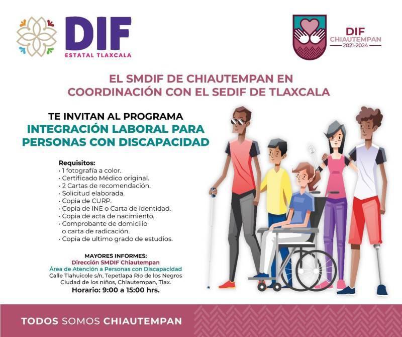 Invita SMDIF Chiautempan a participar en programas de apoyo e integración laboral para personas con discapacidad 