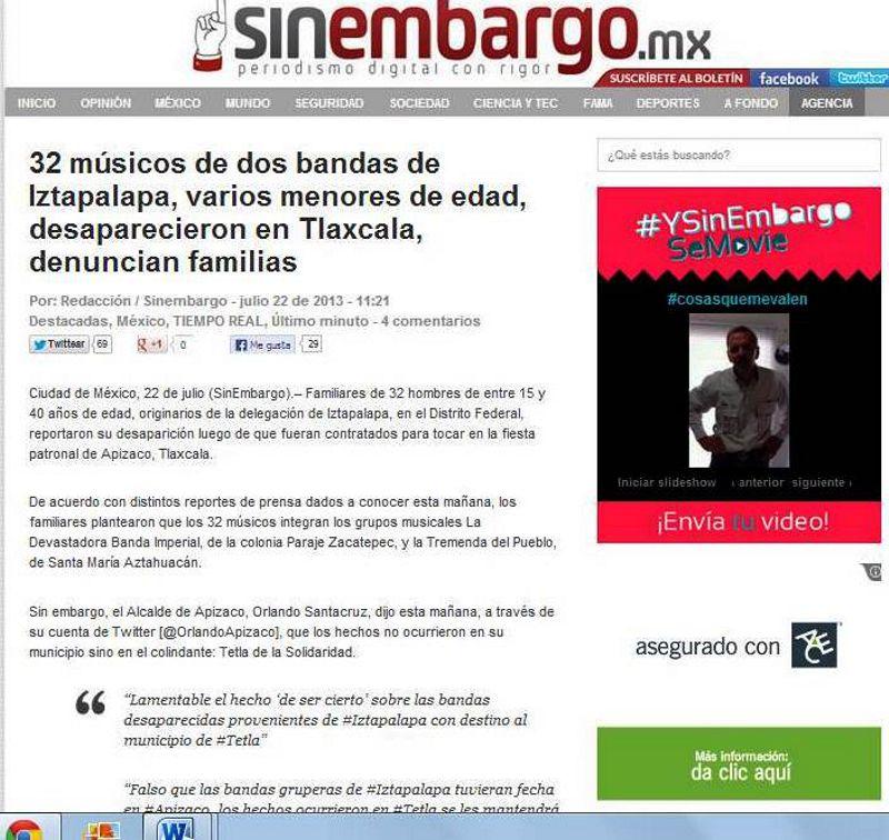Descarta alcalde de Apizaco que músicos desaparecidos estén en Apizaco