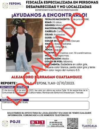 Presentan a masculino reportado como no localizable