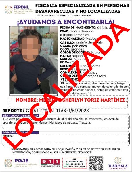 Ubican a menor reportada como no localizada