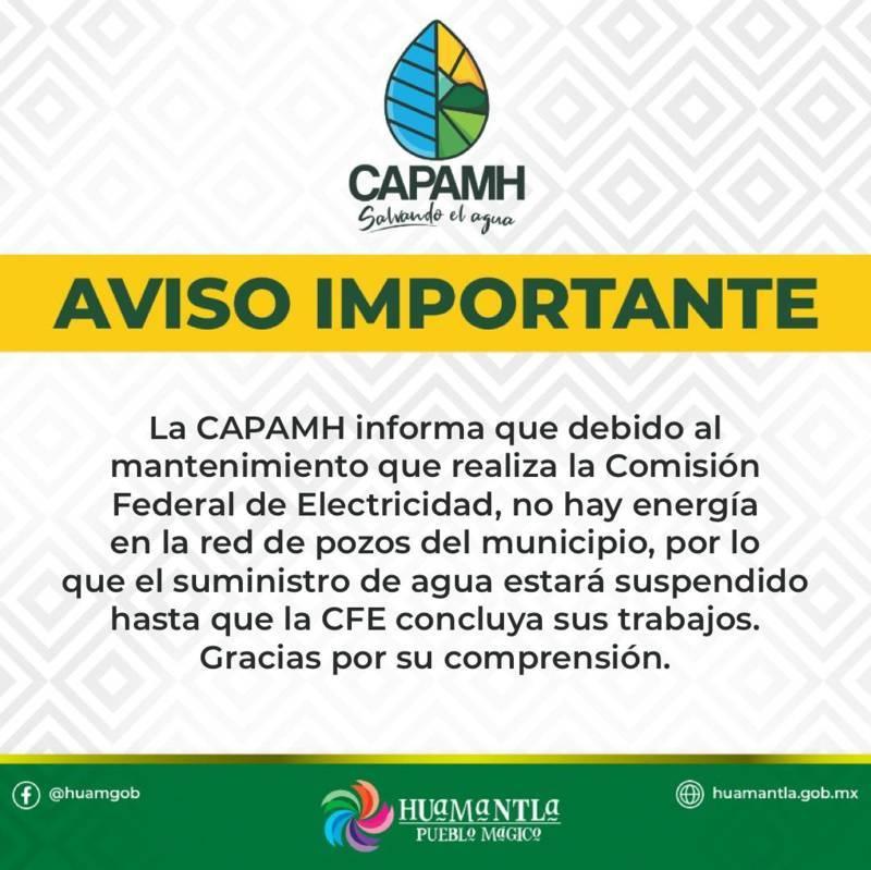 Anuncia CAPAMH suspensión de agua potable por trabajos de la CFE