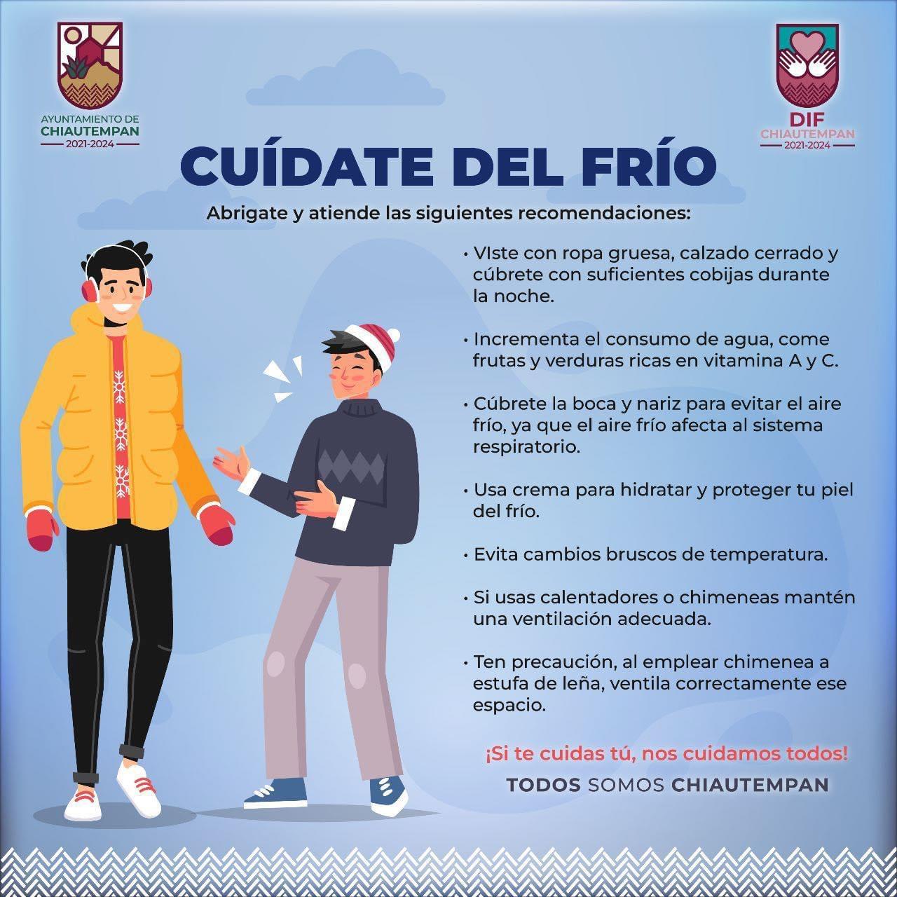 Emite Ayuntamiento de Chiautempan recomendaciones para cuidarse del frío durante esta temporada invernal
