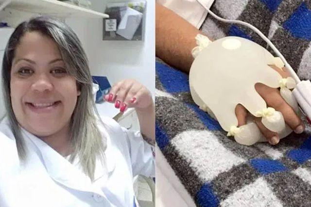 Enfermera brasileña usa guantes llenos de agua para consolar a paciente con Covid