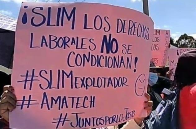 Huelguistas de Amatech piden salarios justos durante visita de AMLO 