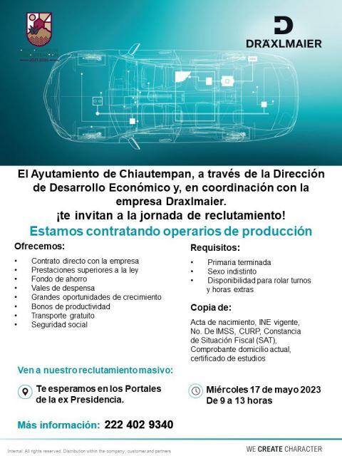 Invita Ayuntamiento de Chiautempan a reclutamiento de la empresa Draxlmaier