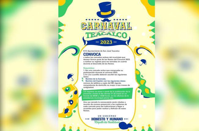 Ayuntamiento de Sn José Teacalco lanza convocatoria a camadas de carnaval 