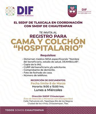 Convoca SMDIF Chiautempan al registro para Cama y Colchón “Hospitalario”