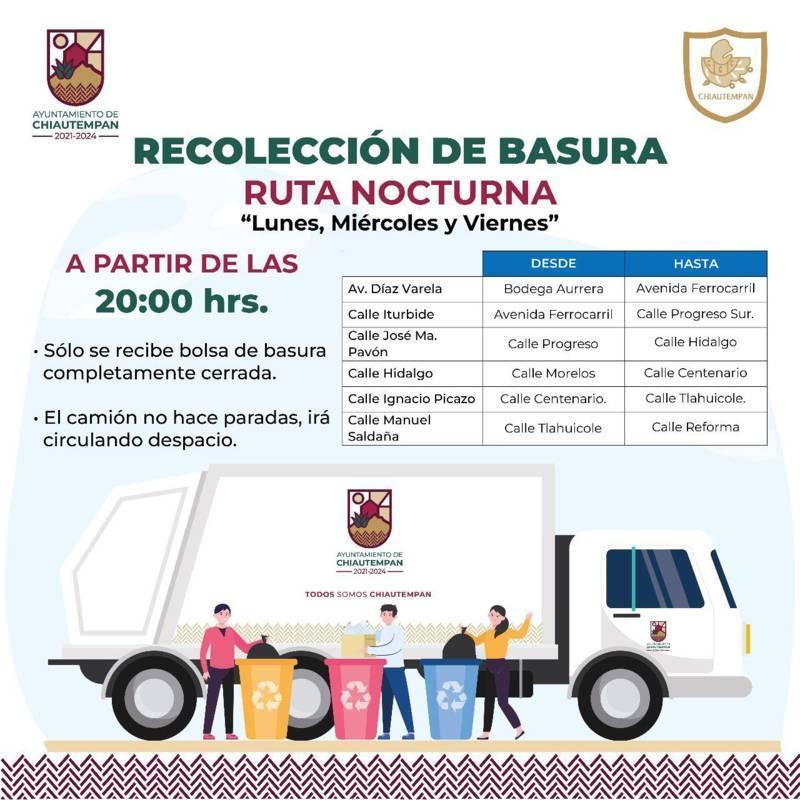 Ayuntamiento de Chiautempan realizará jornada de recolección de basura nocturna lunes, miércoles y viernes