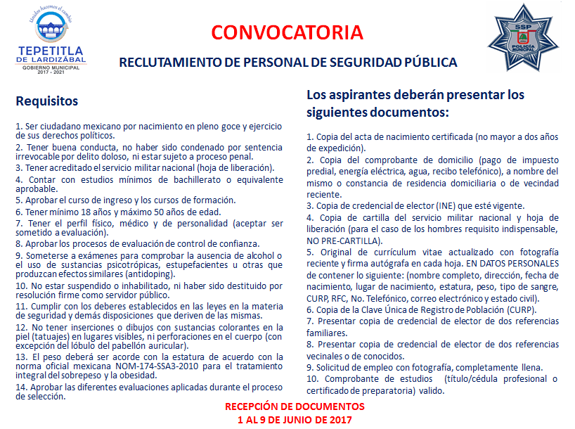 Gobierno Municipal de Tepetitla abre convocatoria para reclutar personal de seguridad