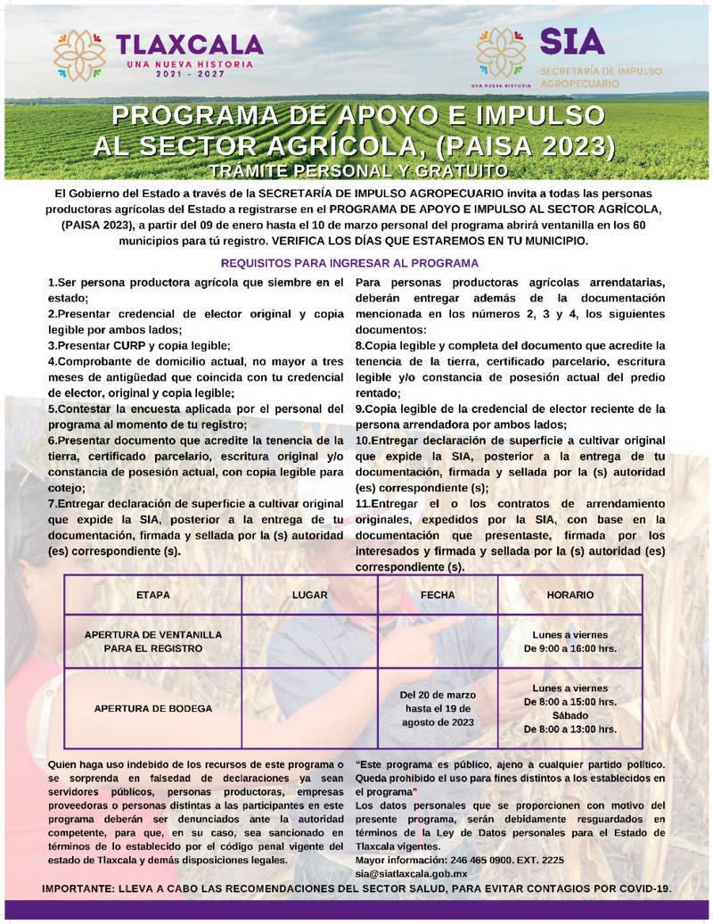 Convoca SIA al registro del programa de apoyo e impulso al Sector Agrícola 2023
