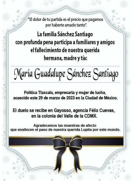 Fallece Guadalupe Sánchez Santiago a los 71 años de edad 