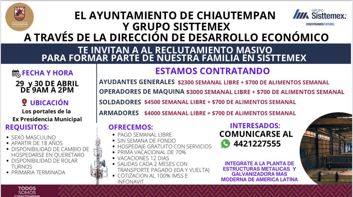 Invita Ayuntamiento de Chiautempan a Jornada de reclutamiento Masivo de Grupo SISTTEMEX