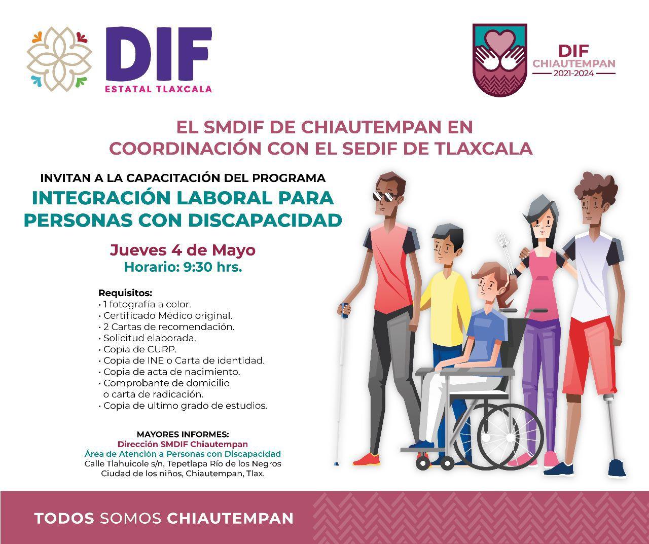 Invita SMDIF de Chiautempan a capacitación para programa de Integración laboral para personas con discapacidad