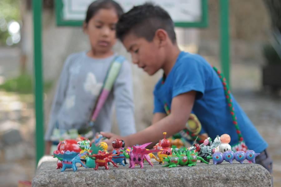 Niños de la sierra acuden a la capital para vender artesanías de guaje 