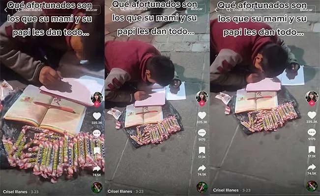 Un niño se vuelve viral por hacer tarea en la calle y vender dulces para pagar sus estudios