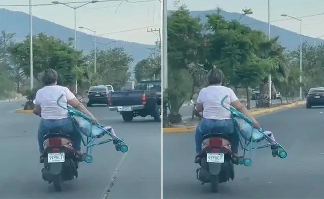 Tunden a una familia por arriesgar la vida del bebé al viajar en moto con todo y carriola