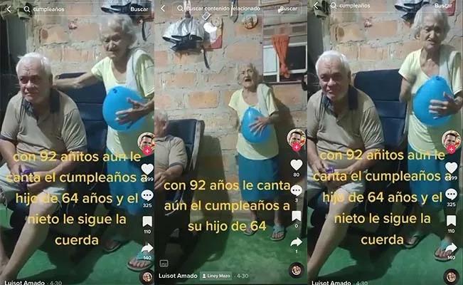 Una mujer de 92 años se vuelve viral al festejar el cumpleaños de su hijo de 64 años