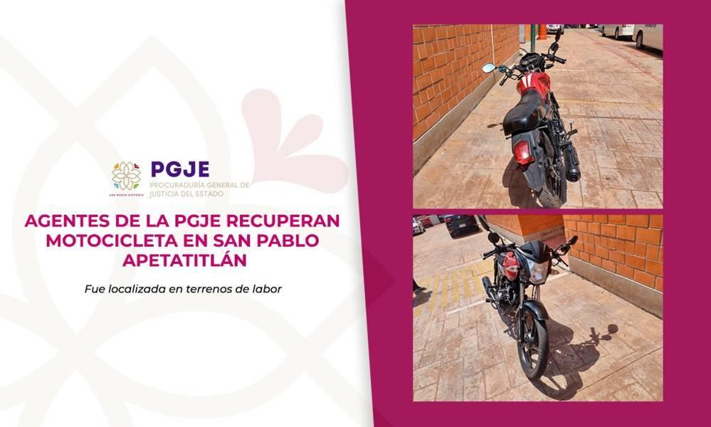 Agentes de la PGJE recuperan motocicleta en San Pablo Apetatitlán