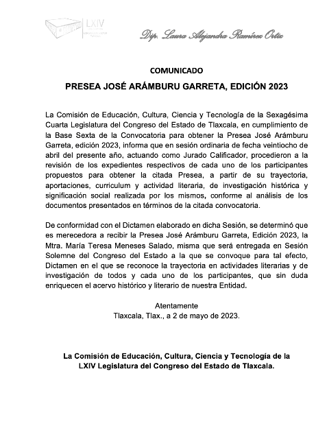 María Teresa Meneses reciba presea "José Arámburu Garreta" 2023