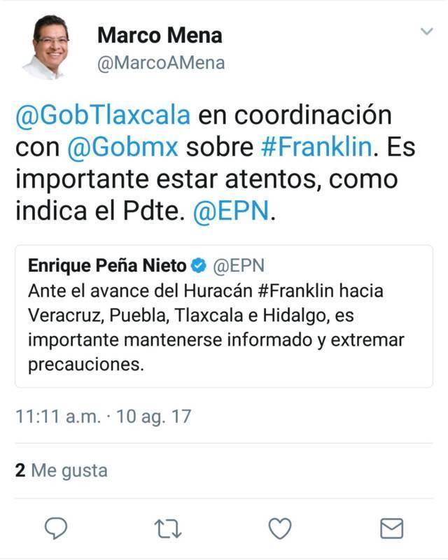 Tlaxcala, coordinado con Gobierno Federal ante presencia de "Franklin": Marco Mena