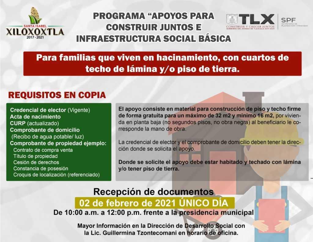 Atenta convocatoria para apoyos en contrucción de infraestructura en Xiloxoxtla