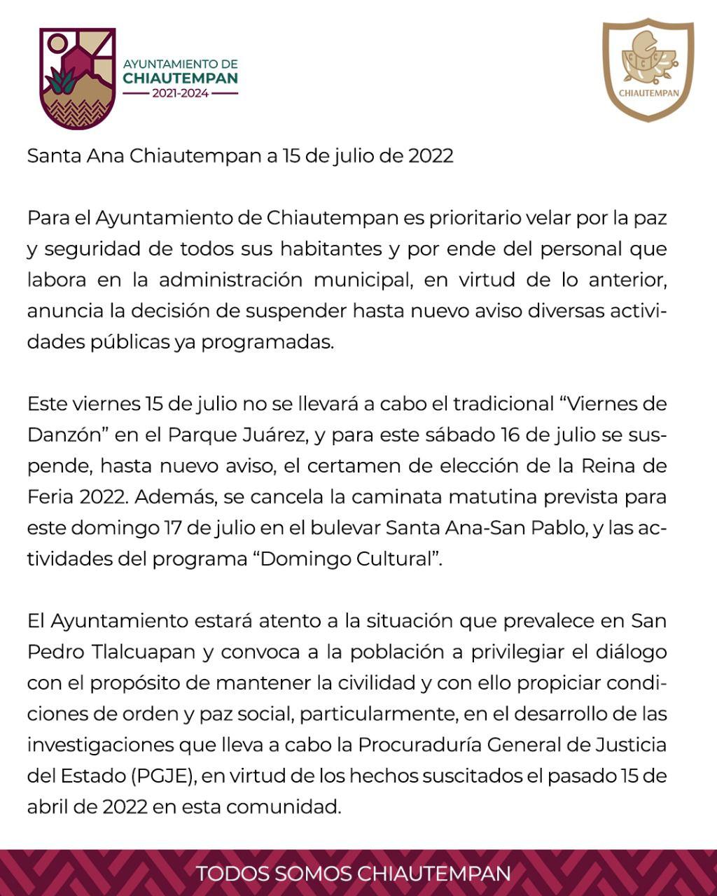 Ayuntamiento de Chiautempan suspende actividades públicas programadas