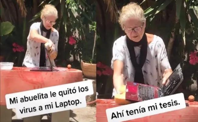 Nieto expone a su abuela como lava su laptop  con agua y jabón y donde estaba su tesis