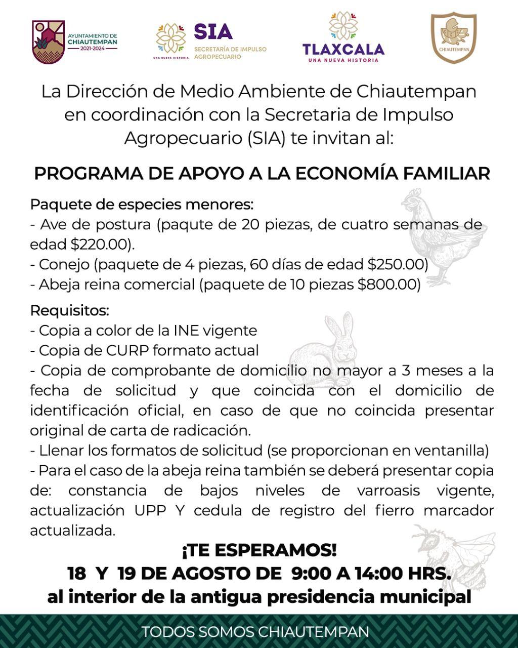Invita Ayuntamiento de Chiautempan a participar en el “Programa de Apoyo a la Economía Familiar”