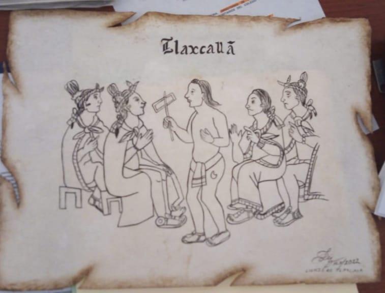 Dona artista códice tlaxcalteca pictográfico al Cobat Plantel 12 Santa Cruz. 